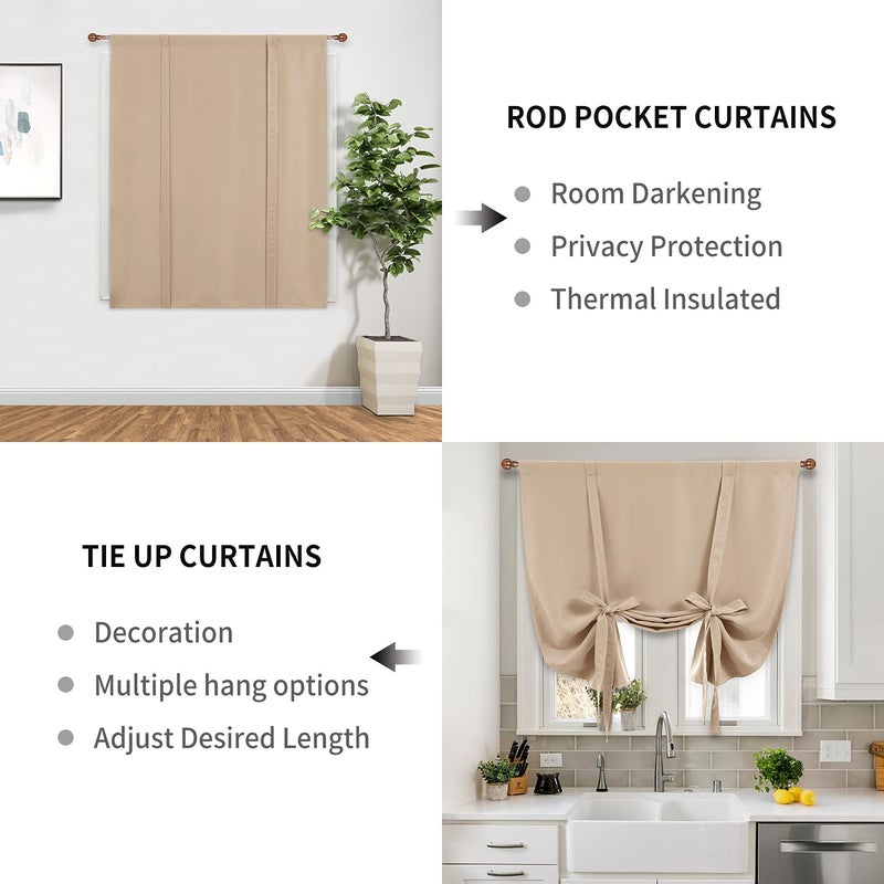 DWCN Blackout Curtains-Tie Up Shade for Window Thermal Insulated Room Darkening Rod Pocket Curtains for Kitchen, Beige, W42 X L45 Inches, 1 Panel - Image 3